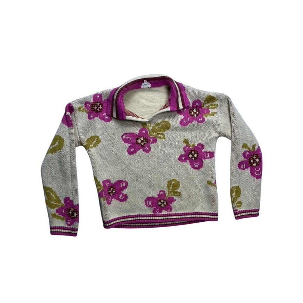 Finding Foxtale‎ Floral Knit Sweater Kids Size 12 Cream Pink  Polo Collar